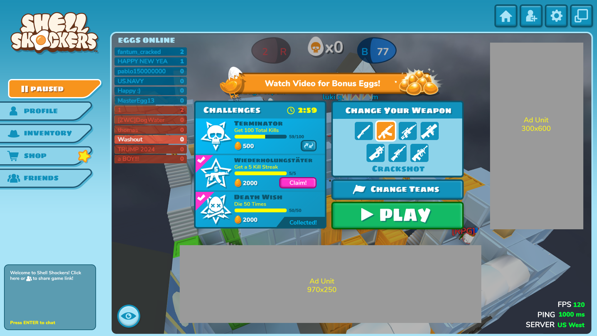 Shell Shockers respawn screen