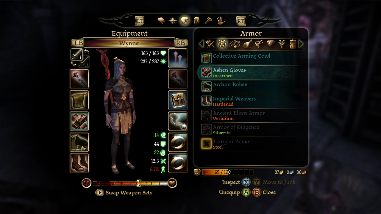 Dragon Age: Origins console equipment interface