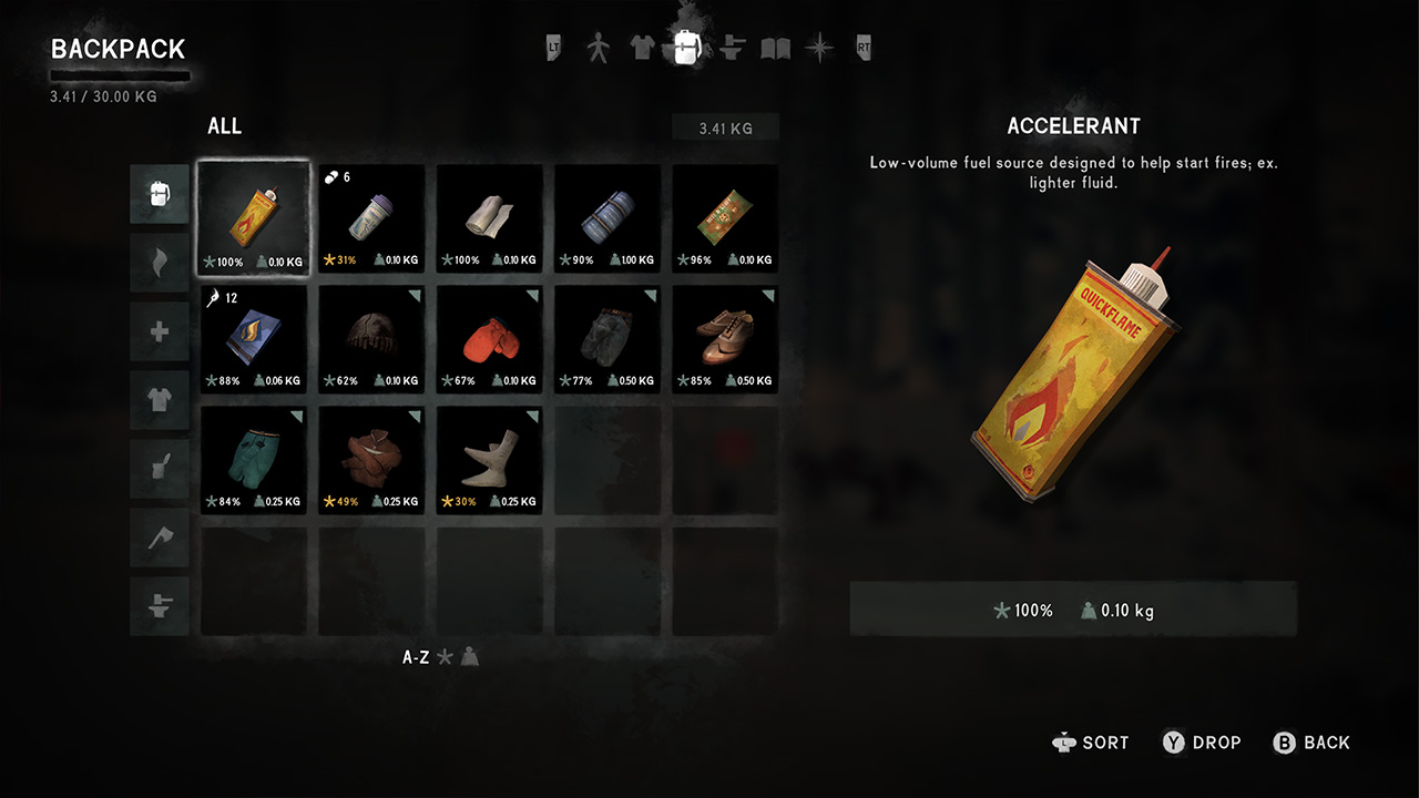 The Long Dark clothing management screen