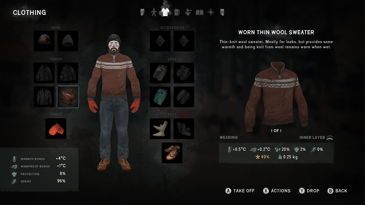 The Long Dark clothing interface
